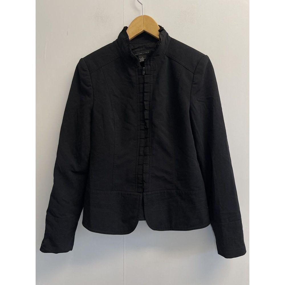 MADISON STUDIO Womens Size 4 Small Career Blazer Jacket Black Lined Ruffle Trim